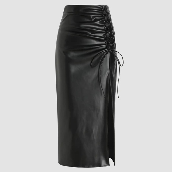 Cider Dresses & Skirts - CIDER FAUX LEATHER HIGH WAIST DRAWSTRING SPLIT MAXI SKIRT BLACK SIZE LARGE